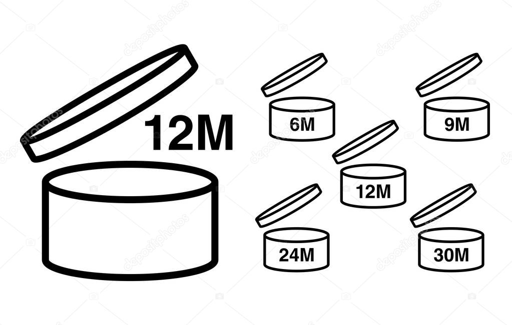 Period after opening PAO symbol. Useful lifetime of cosmetics after package is opened sign. Black drawing icon of pot with number of months representing best before date.