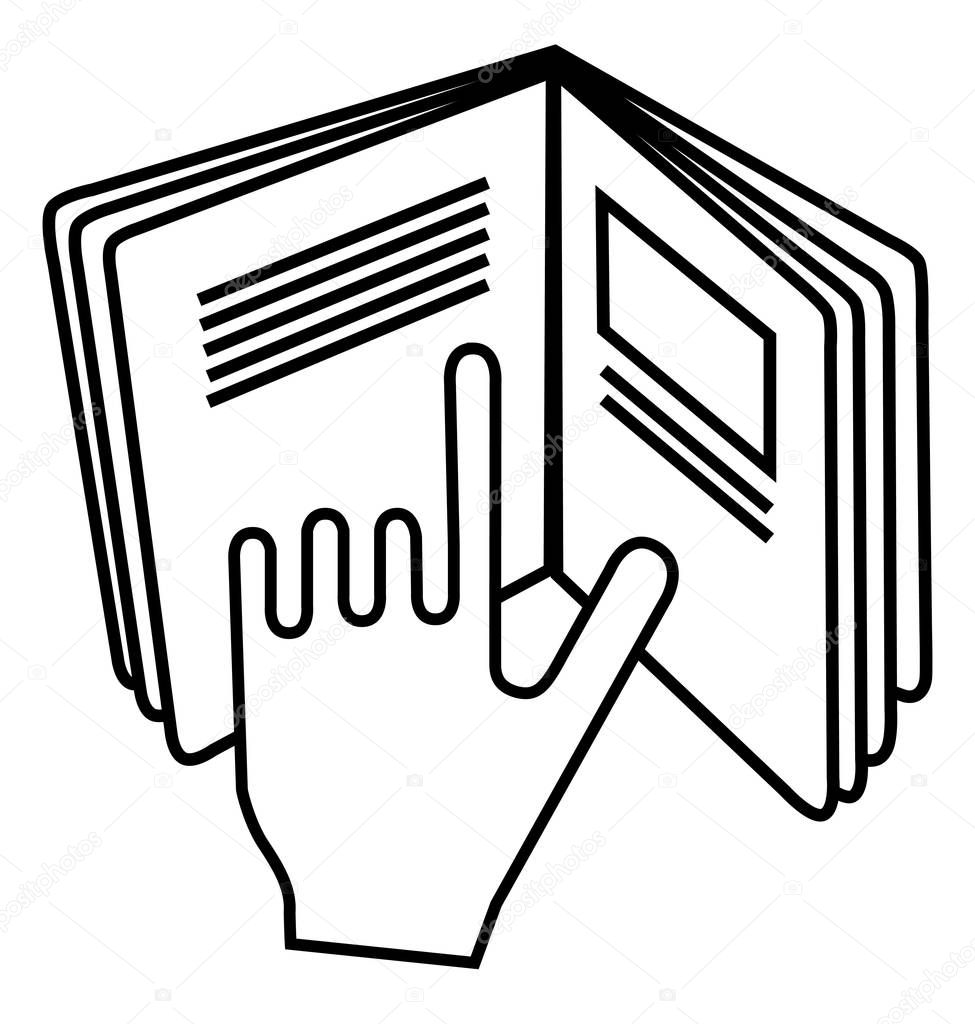 Refer to insert symbol used on cosmetics products. Sign displaying hand pointing to text in open book meaning read instructions.