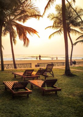 Hotel holiday resort görüntülemek, şezlong boş, palmiyeler, plaj