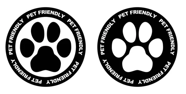 Haustiere erlaubt Zeichen. schwarz-weißes Pfotensymbol im Kreis mit Haustier — Stockvektor