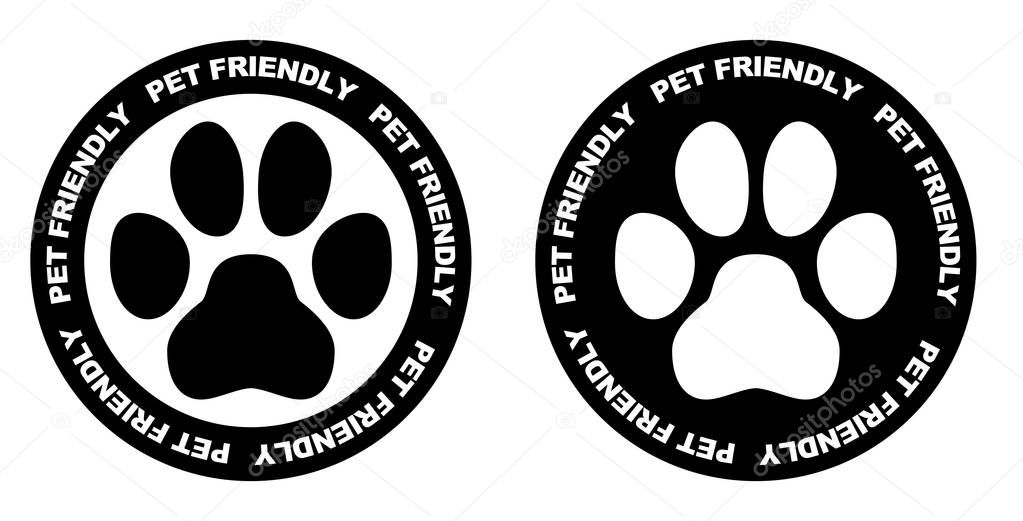 Pets allowed sign. Black and white paw symbol in circle with pet