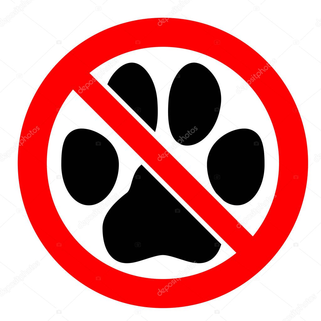 No pets allowed sign. Black cat or dog paw footprint in red cros
