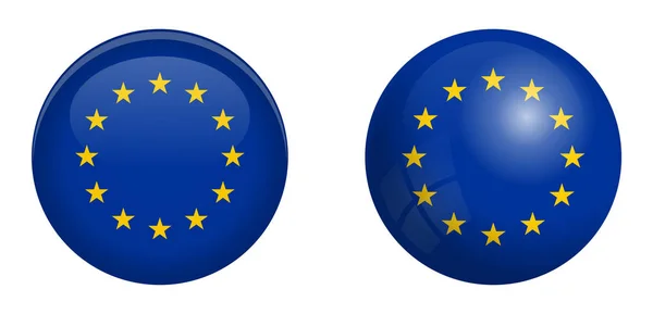 Bandiera dell'Unione europea sotto il pulsante cupola 3d e sulla sfera lucida / — Vettoriale Stock