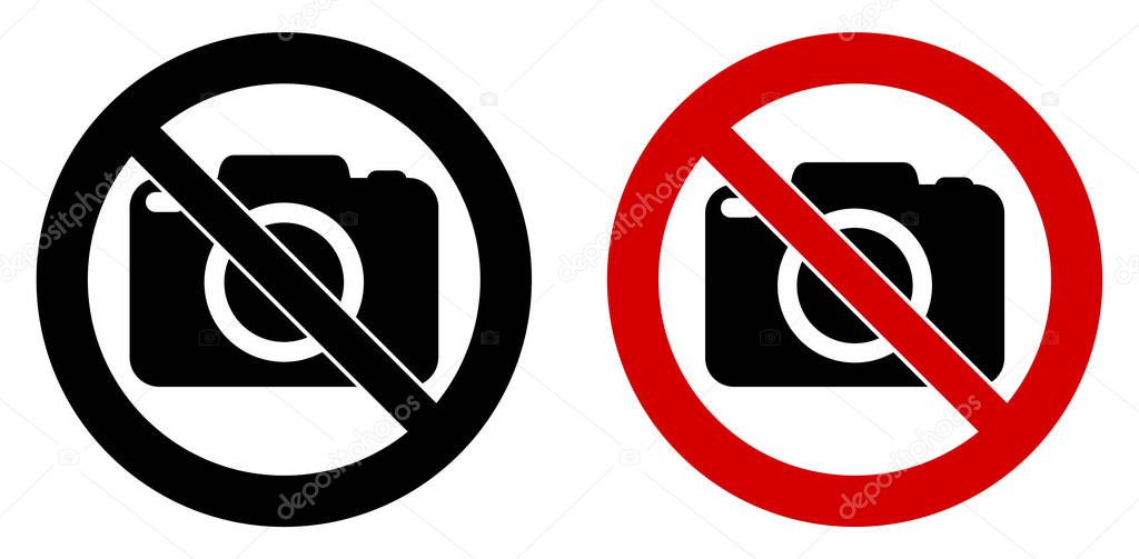 Photography not allowed sign. Camera icon in crossed circle. Bla