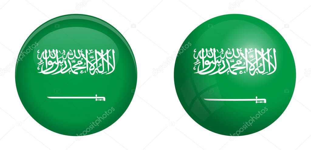 Kingdom of Saudi Arabia (KSA) flag under 3d dome button and on glossy sphere / ball.