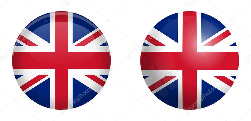 British Union Jack flag under 3d dome button and on glossy spher