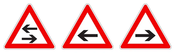 Avviso - segnale stradale a senso unico / bidirezionale. Freccia nera in triang rosso — Vettoriale Stock