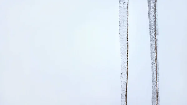 Two Icicles Light Blue Overcast Sky Background Wide Banner Space — Stock Photo, Image