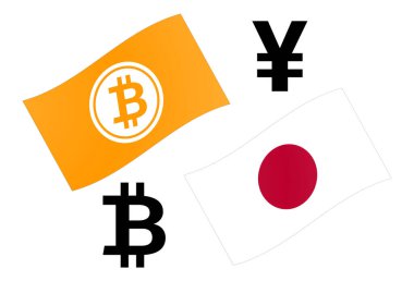BTCJPY ön x para birimi çift vektör çizimi. Bitcoin ve Japon bayrağı, BTC ve Yen sembollü.