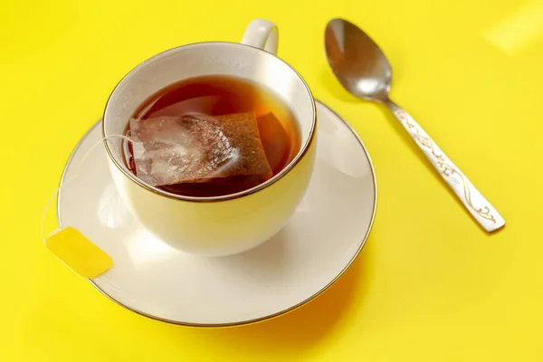 Porcelain Cup Hot Tea Bag Just Brewing Silver Spoon Next — Stock Photo, Image