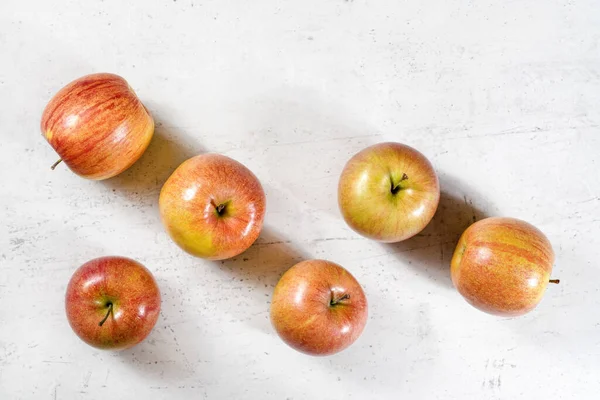 Tabletop View Six Shiny Apples Kiku Variety White Working Board — Stock Photo, Image