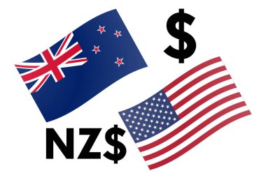 Nzdusd pre x para birimi çift vektör çizimi. Yeni Zelanda ve Amerikan bayrağı, dolar sembollü..