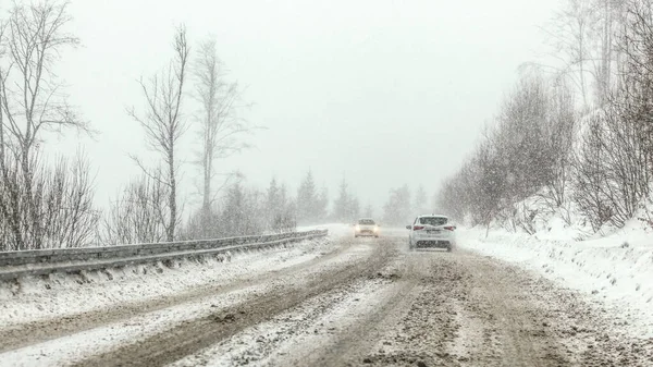 Voitures Conduisant Sur Route Forestière Enneigée Pendant Tempête Neige Brouillard — Photo