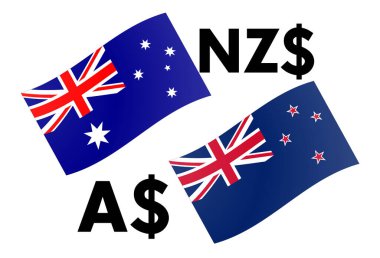 Audnzd pre x para birimi çift vektör çizimi. Dolar sembollü Avustralya ve Yeni Zelanda bayrağı.