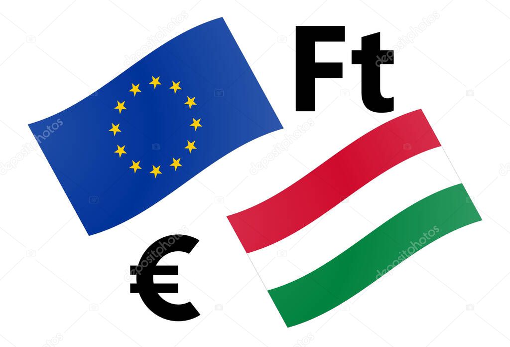 EURHUF forex currency pair vector illustration. EU and Hungarian flag, with Euro and Forint symbol.