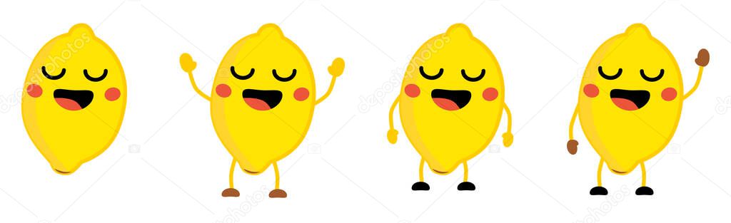 Cute kawaii style lemon fruit icon, eyes closed, smiling with opened mouth. Version with hands raised, down and waving.