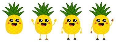 Şirin kawaii tarzı ananas meyvesi ikonu, büyük gözler, ağzı açık gülümsüyor. Eller havada, aşağı ve el sallayan versiyonu.