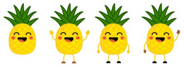 Şirin kawaii stil ananas meyve simgesi, açık ağız ile gülümseyen gözleri kapalı. Eller aşağı, yükseltilmiş ve sallayarak ile yorum.