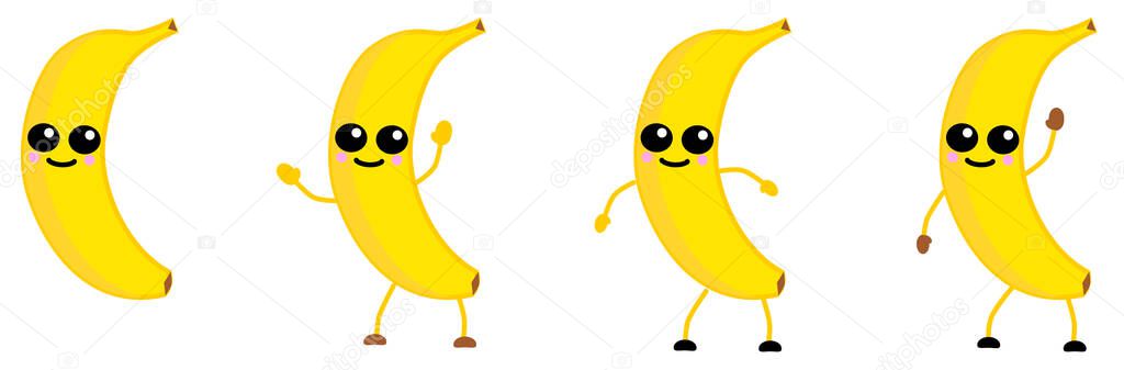 Cute kawaii style Banana fruit icon, large eyes, smiling. Version with hands raised, down and waving.
