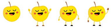 Şirin kawaii tarzı Apple meyve ikonu, gözleri kapalı, ağzı açık gülümsüyor. Eller havada, aşağı ve el sallayan versiyonu.