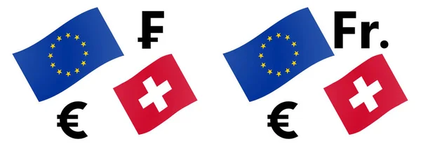 欧元兑换外汇对矢量说明 欧盟和瑞士国旗 带有欧元和法郎符号 — 图库矢量图片