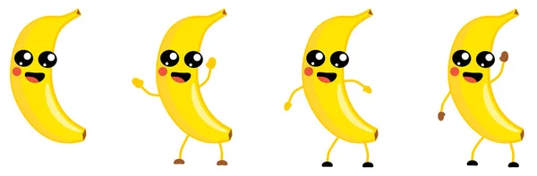 Lindo Kawaii Estilo Banana Fruta Icono Ojos Grandes Sonriendo Con — Vector de stock