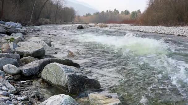 Olas Blancas Agua Fluyendo Río Salvaje Durante Primavera Grandes Rocas — Vídeo de stock