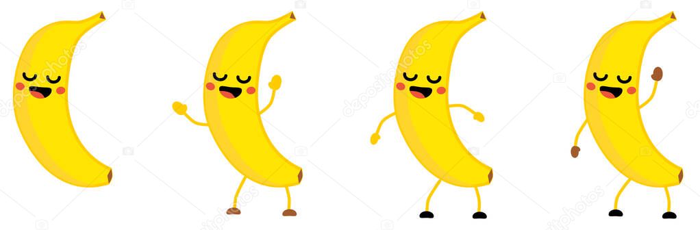 Cute kawaii style Banana fruit icon, eyes closed, smiling with open mouth. Version with hands raised, down and waving.