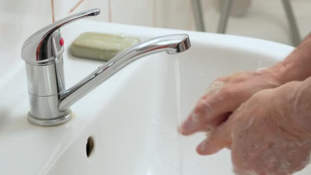 Elderly Senior Man Washing His Hands Tap Water Faucet Closeup — Stock Video