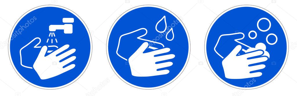 Wash your hands sign. Simple white drawing with water tap, drops and soaps in blue circle. Can be used during coronavirus covid-19 outbreak prevention