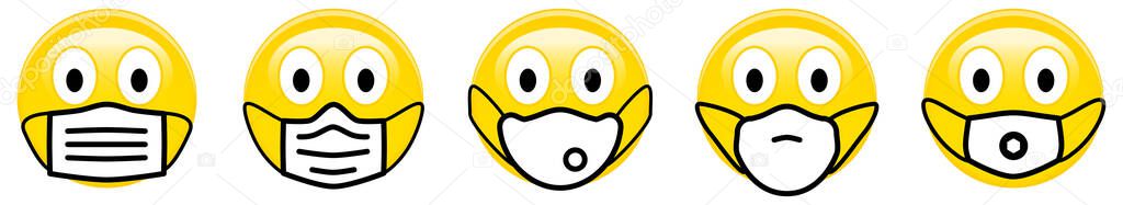 Emoji smiling yellow face icon wearing respirator or face mount nose virus mask. Can be used during coronavirus covid-19 outbreak prevention