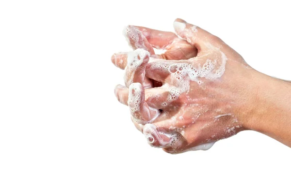 年轻人用肥皂洗手 用白色的肥皂泡进行特写 可用于Coronavirus Covid 19疾病的预防 — 图库照片