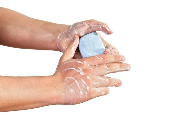 Young Man Wash Hands Soap Closeup Detail Soap Bubbles Isolated — Stock Photo, Image