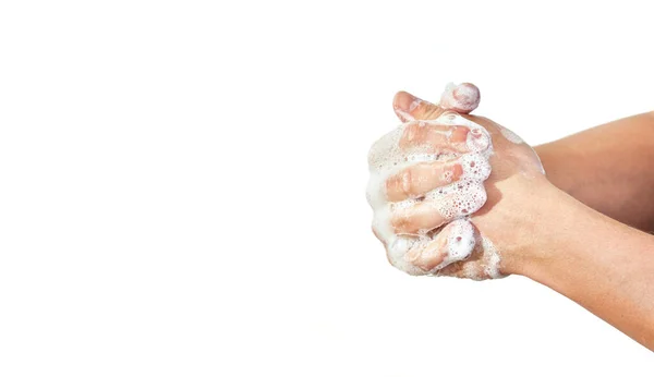 年轻人用肥皂洗手 在肥皂泡上做特写 用白色隔开 左边放文字 可用于Coronavirus Covid 19疾病的预防 — 图库照片