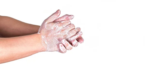 Young Man Wash Hands Soap Closeup Detail Soap Bubbles Isolated — Stock Photo, Image