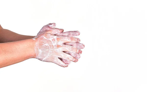 Young Man Wash Hands Soap Closeup Detail Soap Bubbles Isolated — Stock Photo, Image