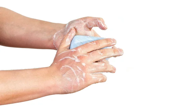 年轻人用肥皂洗手 用白色的肥皂泡进行特写 可用于Coronavirus Covid 19疾病的预防 — 图库照片