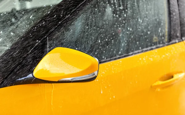 Front Side Mirror Bright Yellow Car Washed Self Serve Carwash — Stock Photo, Image