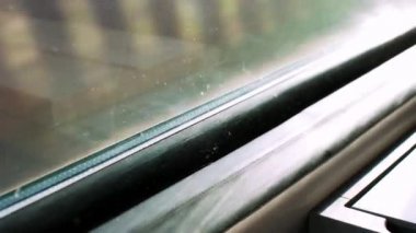 Hareket halindeki bir trenin penceresinden bakıyorum, bulanık bir ülke, pencerenin kenarında parlayan güneşe ait detaylar.