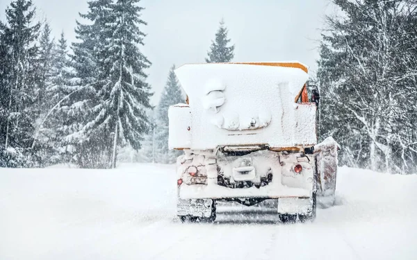 Orange Highway Maintenance Truck Removing Snow Completely White Road Blizzard — Stock Photo, Image