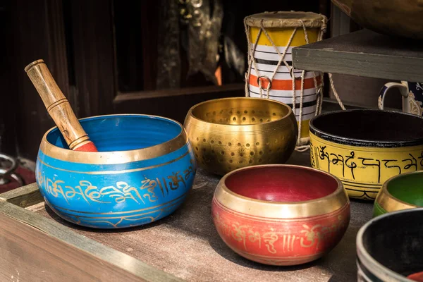 metal singing bowls for meditation in the india market in asia