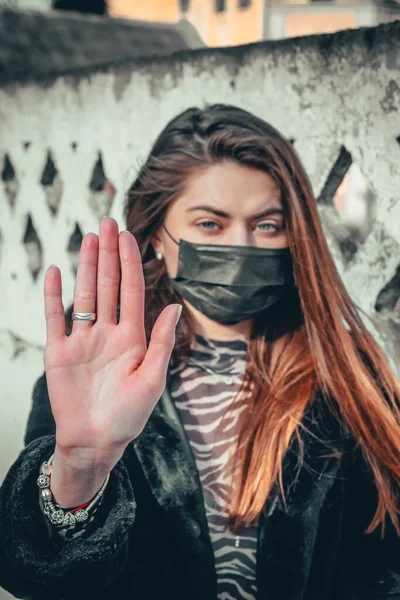 Girl Young Woman Protective Sterile Medical Mask Her Face Looking — Stock Photo, Image