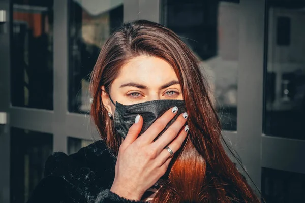 Girl Young Woman Protective Sterile Medical Mask Her Face Looking — Stock Photo, Image