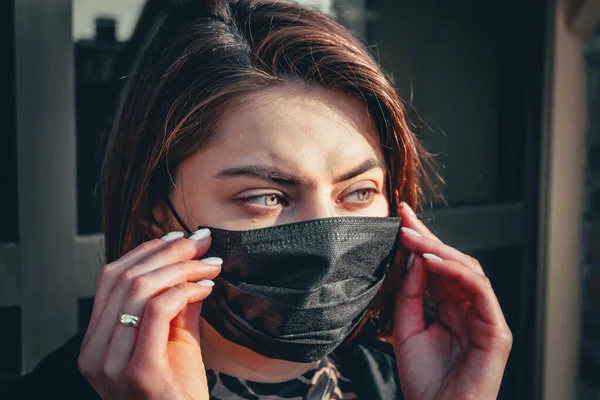 Girl Young Woman Protective Sterile Medical Mask Her Face Looking — Stock Photo, Image