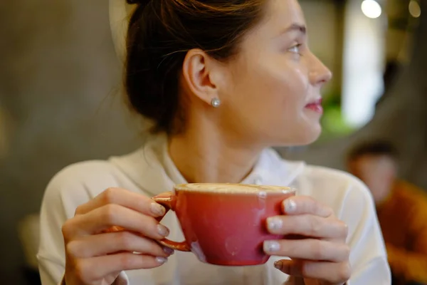 Beautiful Young Girl Enjoying Cup Cappuccino Cafe Drawing Coffee Form — Stock Photo, Image