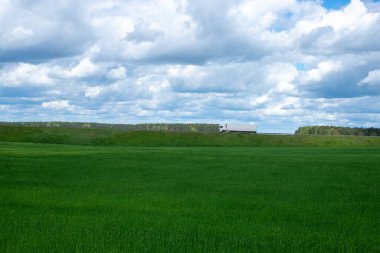 Yarı kamyon otobanda pitoresk bir yerden geçiyor, büyük güzel bulutlar ve yeşil alanlar.