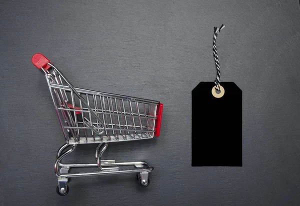 Shopping Cart Price Tag Black Background Shopping Card Price Tag — Stock Photo, Image