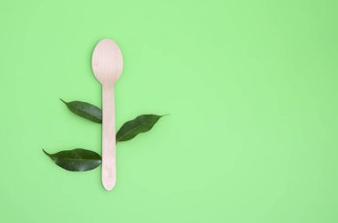 Doğal malzemelerden tek kullanımlık sofra takımı, çevre dostu. Tahta kaşıklar ve yapraklar, yeşil arka planda çevre kavramı. Uzayı kopyala Eko çam kaşık. 