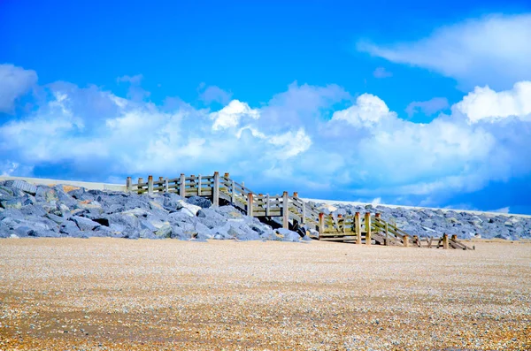 Camber Arenas Playa Inglaterra Reino Unido Arena Guijarros Playa Rocas — Foto de Stock