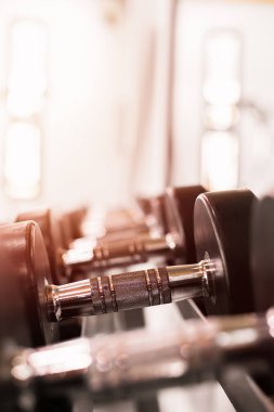 Spor salonunda egzersiz için hazırlanmış dambılları kapatın..